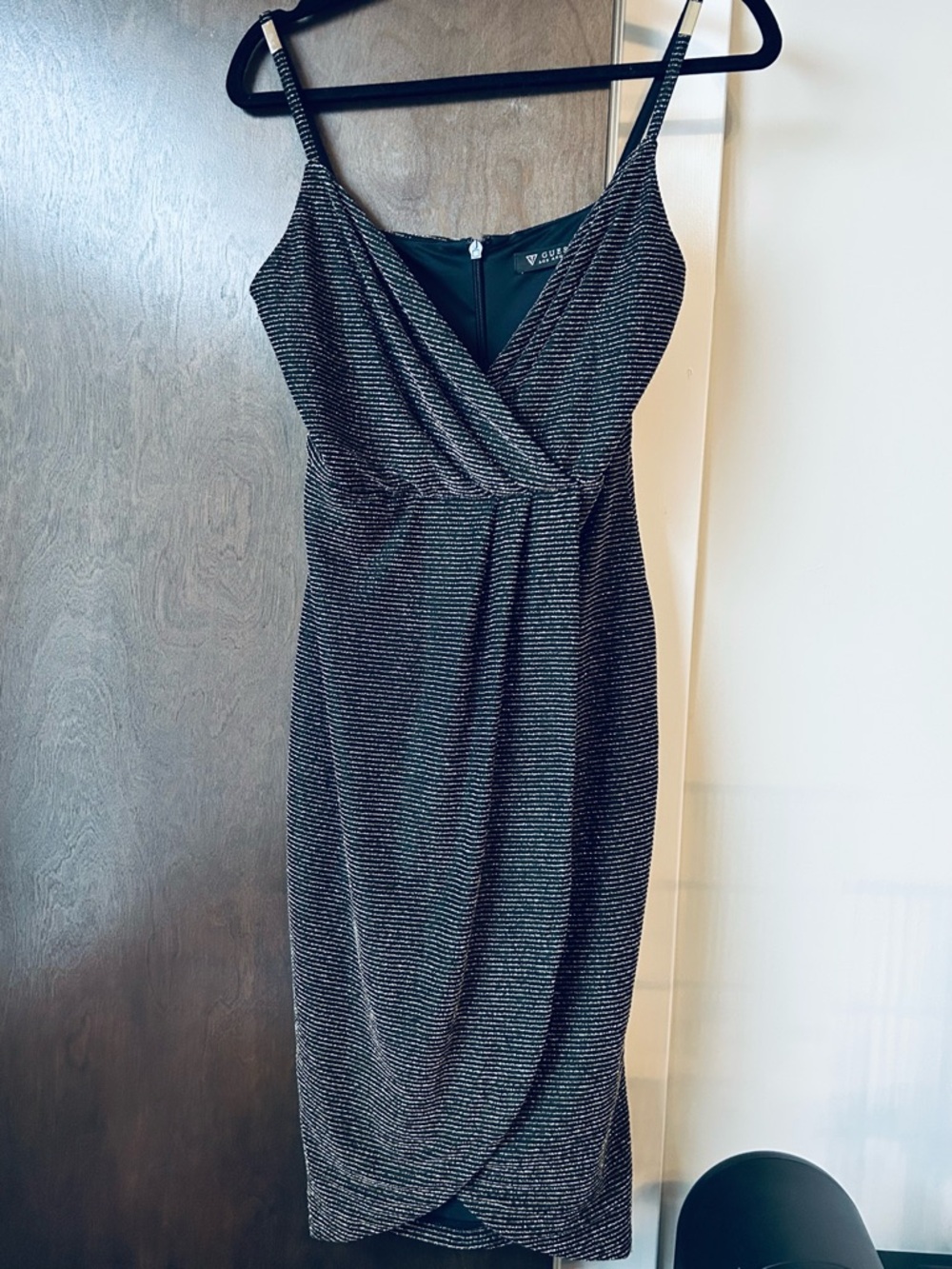 GUESS- Women's Black Metallic Wrap-Front Cocktail Dress